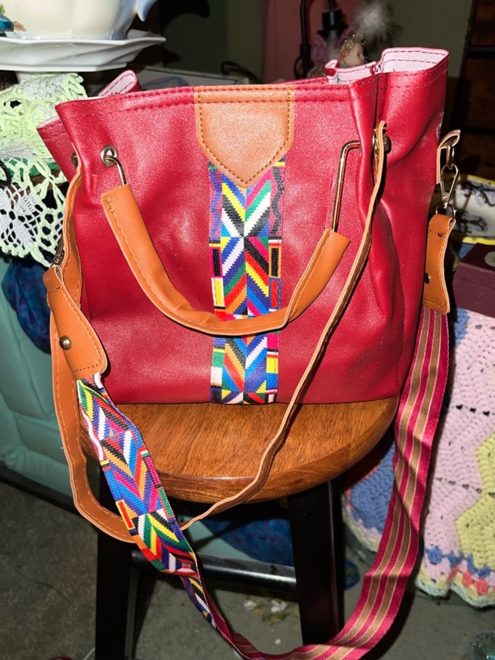 Red southwestern Tote Bag with Colorful Geometric Strap. Set of 4 items!